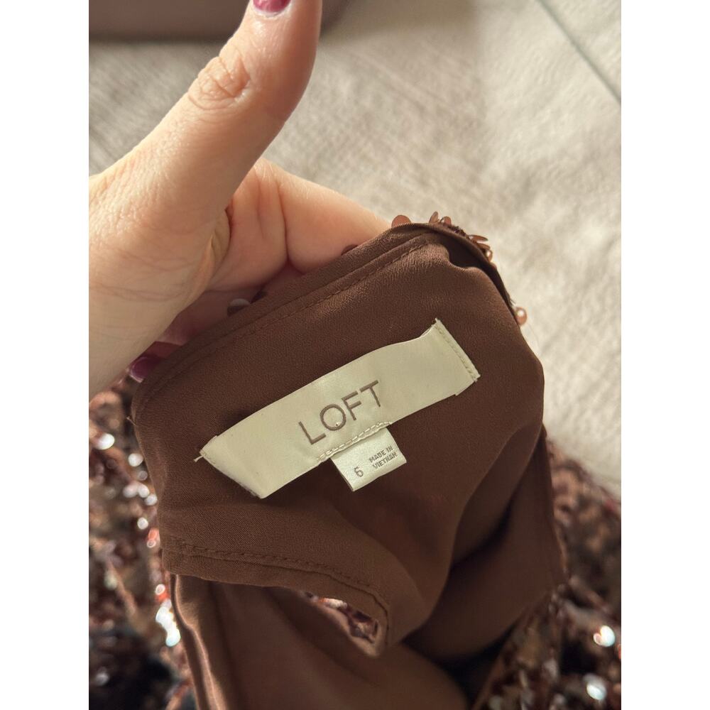 LOFT Sequin Brown Long Sleeve Mini Dress Size 6 - Picture 4 of 6
